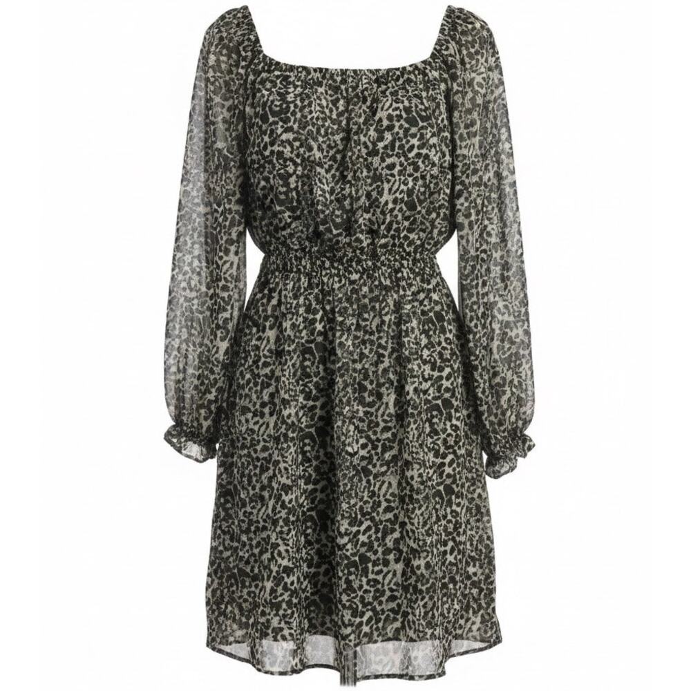 L Love 3XL Leopard Print Chiffon Mini Dress Smocked Waist Boho